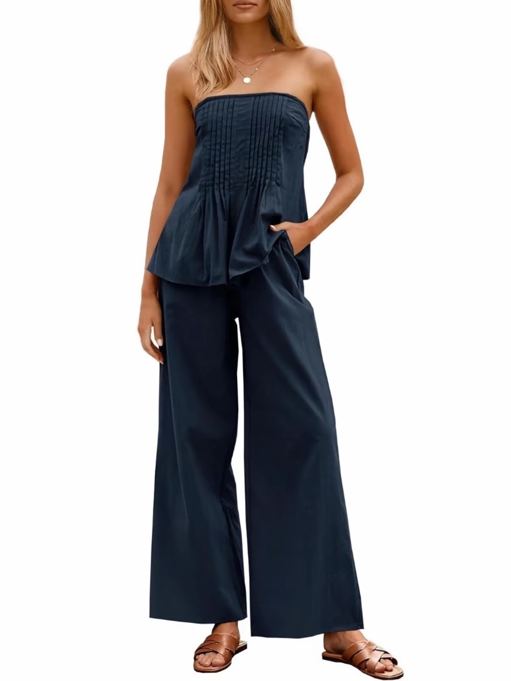 Strapless Navy Wide-Leg Set